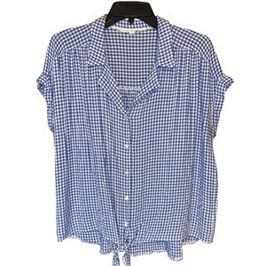 Anthropologie Jane + Delancey Top Blue Gingham High Low Hem Front Tie Lg EUC